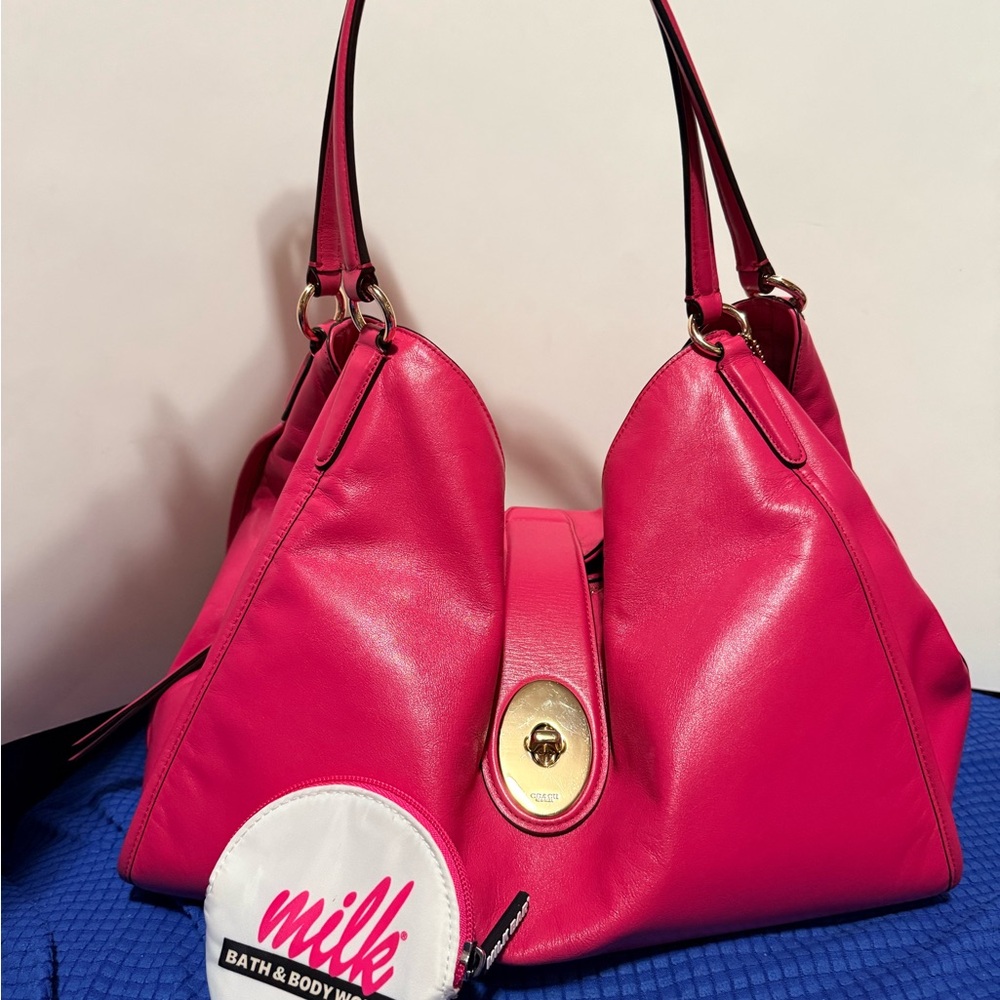 Bright Pink Coach Carlyle Shoulder Bag with Turn-Lock Accent